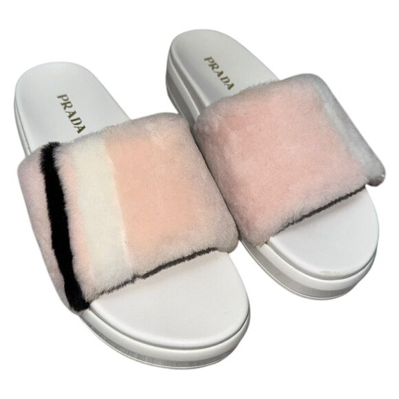 PRADA Luxury Designer Faux FUR Pink Summer Slides Sandals Womens Size 9 US - Picture 3 of 9
